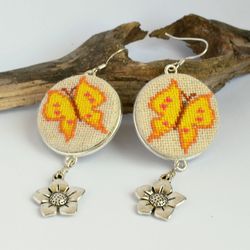 Yellow butterfly embroidered earrings, Cross Stitch jewelry with charm flower, Handcrafted holiday gift for girl