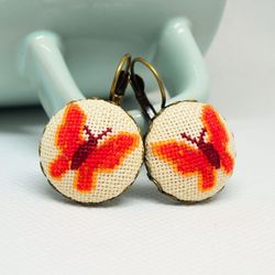 Red butterfly embroidered earrings, Cross stitch butterfly jewelry Nature fabric prom gift for her