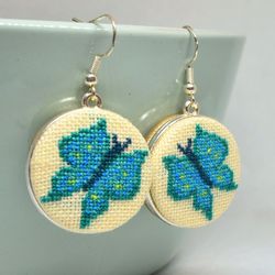 Butterfly turquoise embroidered earrings, Cross stitch nature jewelry, Handcrafted dainty gift for girl