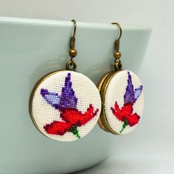 Butterfly flower embroidered earrings, Handcrafted dainty nature gift for women, Cross stitch purple jewelry