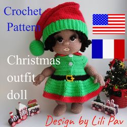 outfit dolls dress, crochet Christmas costume for baby doll, pretty holiday dress dolls, doll clothes pattern