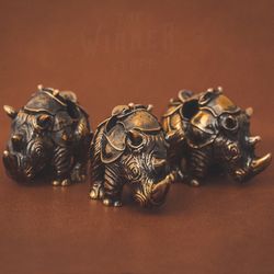 Fighting Rhino - knife bead, paracord lanyard bead, key chain bead, edc bead, leather bead - made of bronze