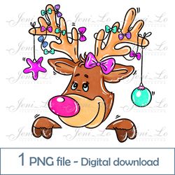 Pink Christmas Reindeer 1 PNG file Merry Christmas clipart Christmas lights Sublimation Deer design Digital Download