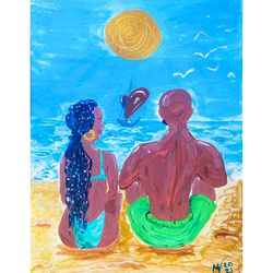 Couple Wall Art Beach Artwork Loving ORIGINAL Painting African American Art Black Queen by MargaryShopUSA Margarita V