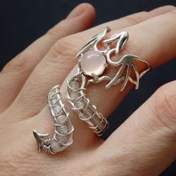 Dragon ring / Pink dragon / rose quartz jewelry / Wire wrap ring