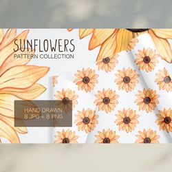 Watercolor Sunflowers Seamless Pattern Collection / Yellow Flowers Background / Digital Paper Pack / Hand Drawn