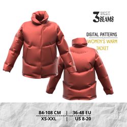 Womens warm puffer jacket sewing pattern Winter quilted jacket loose fit, high collar, hips length, XS-2XL, AE/Letter/A4