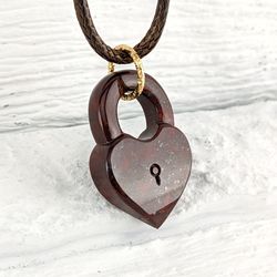 Pendant lock made of red jasper, love talisman jewelry for her and for him.