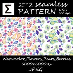 Watercolor Flowers Pears Berries Seamless pattern Design fabric & clothers Printing wallpaper Endless Background DIY