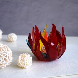 Unique glass candle holder Fire - red fused glass christmas candlestick holder