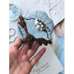 Light Blue Poppy Embroidered beaded brooch handmade, art beads brooch