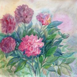 Red Peonies Flowers watercolor painting