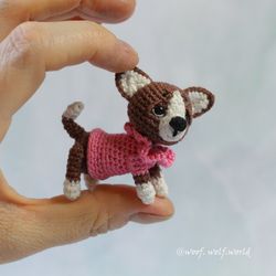Miniature Chihuahua Pinky. Mini amigurumi toy. Crocheted tiny dog. Miniature puppy.