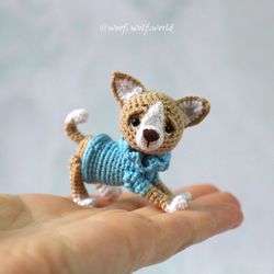 Miniature Chihuahua Blum. Mini amigurumi toy. Crocheted tiny dog. Miniature puppy.