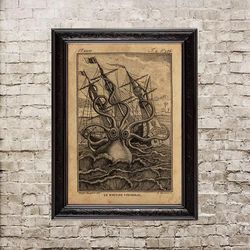 Giant octopus drugs the ship to the bottom. Print with kraken. Sea animal poster. 494.