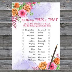 Flowers Birthday This or that game,Adult Birthday party game-fun games for her-Instant download