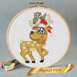 Christmas deer pattern pdf cross stitch, Easy embroidery DIY