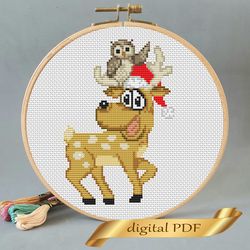 christmas deer pattern pdf cross stitch, easy embroidery diy