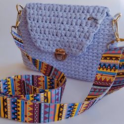 Blue bag. Small bag with colored shoulder strap. crochet bag, crocheted from knitted yarn.