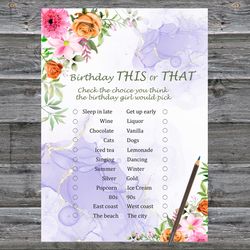 Pink Flowers Birthday This or that game,Adult Birthday party game-fun games for her-Instant download