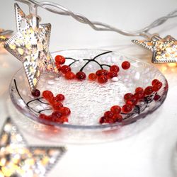 Decorative glass bowl with winter berry  - Handmade decorative accessories - Art glass plates