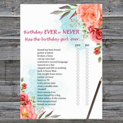 Roses Birthday ever or never game,Adult Birthday party game-fun games for her-Instant download