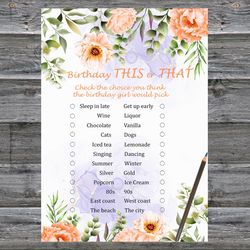 Pastel Flowers Birthday This or that game,Adult Birthday party game-fun games for her-Instant download