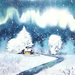 Winter Landscape Painting Aurora Borealis Original Artwork Christmas Watercolor  Art  8" by 12"  by ArtMadeIra