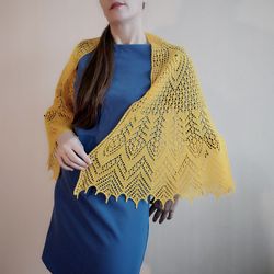 Lace shawl hand knit yellow, lightweight shawl, semicircular shawl