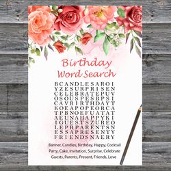 Red Rose Birthday Word Search Game,Adult Birthday party game-fun games for her-Instant download