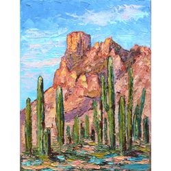 Arizona Painting Arizona Desert Original Artwork Arizona Cactus Original Oil Painting on Canvas by 16x12 inch