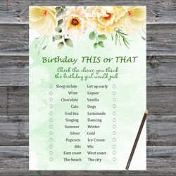Floral Birthday This or that game,Adult Birthday party game-fun games for her-Instant download