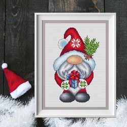 Scandinavian gnome cross stitch pattern PDF, christmas gnome, santa gnome, gnome with gift, christmas cross stitch