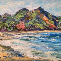 palm trees ocean mountains sea painting original oil art artist svinar oksana