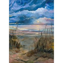 Sunrise Painting Beach Original Art Sea Coast Artwork Sand Dunes Hand Painted Oil Painting Seascape Wall Art by AlyonArt