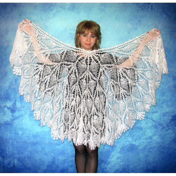 White crochet Russian shawl, Hand knit Orenburg shawl, Wool shoulder wrap, Goat down stole, Warm bridal cape, Openwork cover up, Kerchief, Gift for a woman.JPG