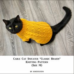 Pattern Knitted Cable Cat Sweater Classic Braids, Printable PDF DIY Jumper for Small Dog or Sphynx cat, Pet Clothes