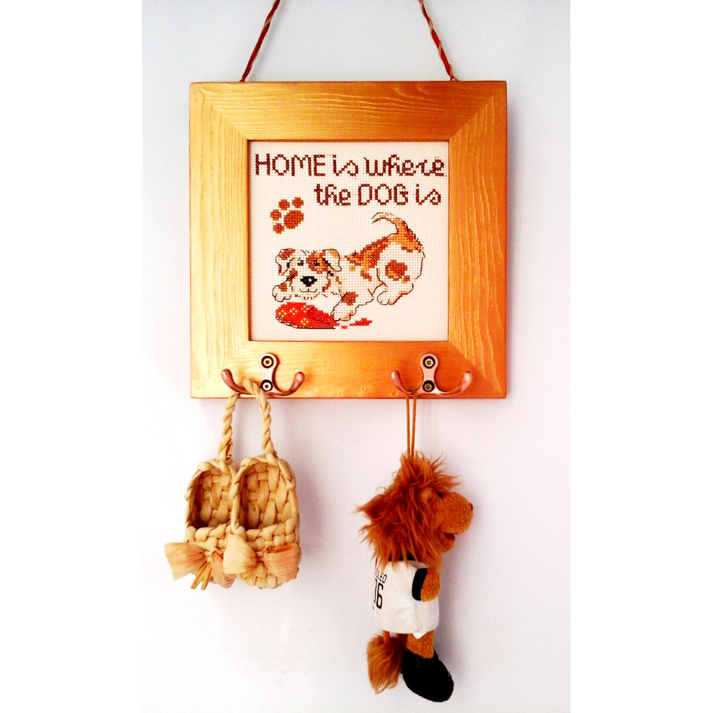 Dog Lovers Gift, Cross Stitch Finished Picture, Wooden Key Holder Dog, Design Wall Hook, Animal Key Racks, Home is Where Dog is, Funny Dog Sign.jpg