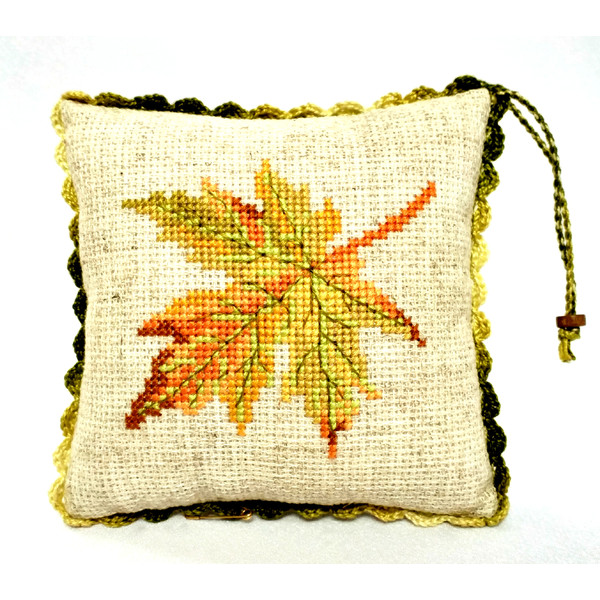 decorative mini pillow, Handmade embroidery autumn leaf, fall leaves cushion, miniature pillows decor.jpg