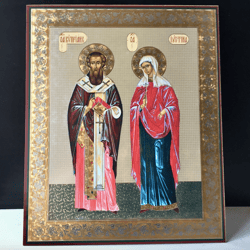 St Cyprian and Justina | Silver and gold foiled icon on wood | Large XLG icon 15.7" x 13"