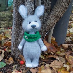 Knitted rabbit, knitted hare, grey rabbit, knitted bunny toy, knitted bunny in a scarf