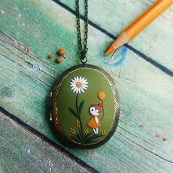 Daisy locket necklace Little girl with balloon Mother's day necklace Birthday gift for mom Child birth gift
