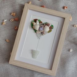 Heart balloon. Postcard in a frame. Shell Art. Sea glass Art.