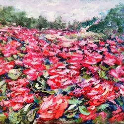 Oil Painting Flower Rose Bushes Trail Landscape Impasto Original Artist Svinar Oksana