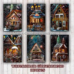 24 Watercolor gingerbread houses postcard 10 x 15cm, Christmas clipart, ACEO Cards , decoupage paper, scrapboo