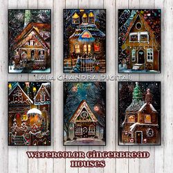 24 watercolor gingerbread houses postcard 10 x 15cm, christmas clipart, aceo cards , decoupage paper, scrapboo