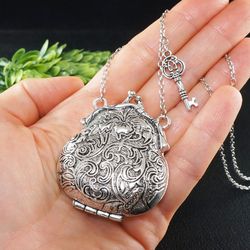 Silver Purse Necklace Tiny Bag Necklace Secret Wish Keeper Box Keepsake Locket Pendant Key Charm Necklace Jewelry 8116