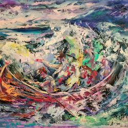 Original Art Oil Painting Boat People Sea Storm Ocean Sunset Artist Svinar Oksana