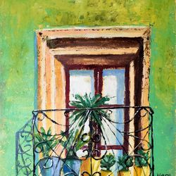 Balcony Original Oil Painting Cityscape Artwork House Painting Mexican Art Small Painting Flowers in Pot 10" by 8"