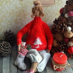 Winter Doll Tilda With Christmas Stocking Christmas Decor Valentine Day Gift Christmas Gift to Girlfriend Sister Friend